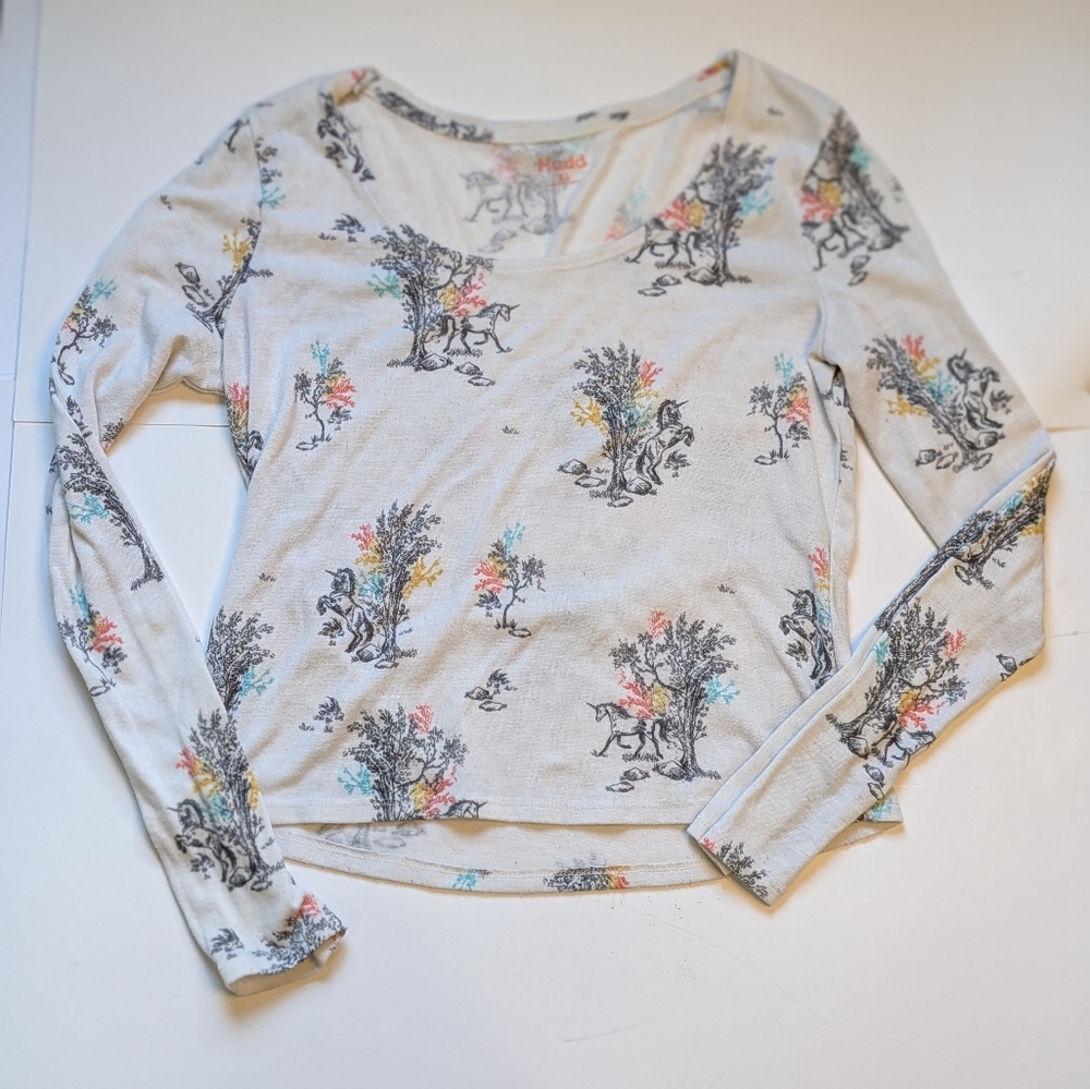 Mudd Cream Scenic Unicorn Print Long Sleeve Crop Top XL Pastel Accents